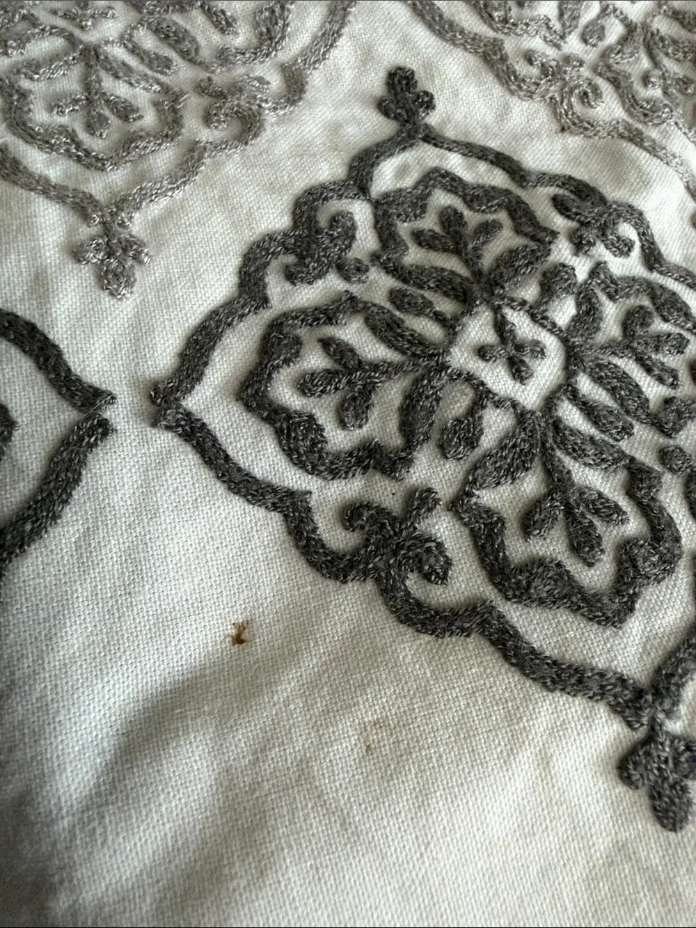 Embroidered shower curtain - White with Mustard and Gray Accents with rugs